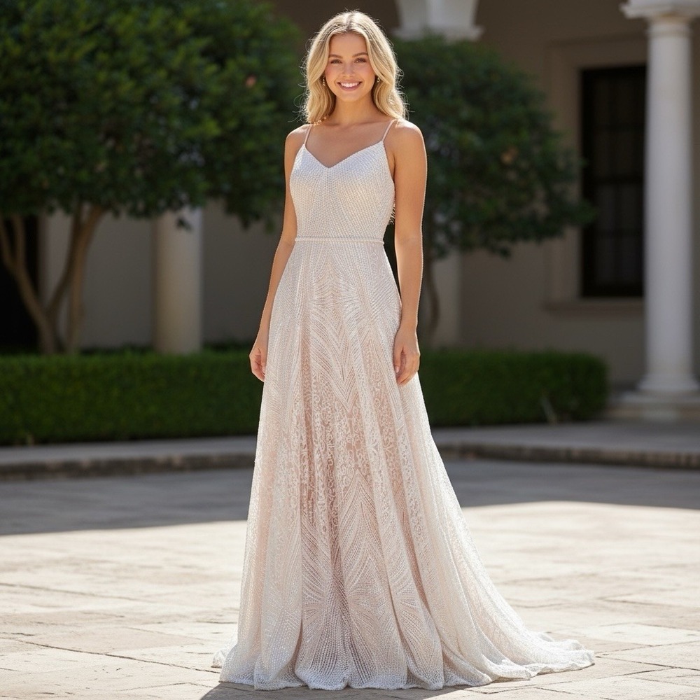 Say Yes to the Prom Formal Gown Size 13  Micro Sequin Embroidered Pink Champagne